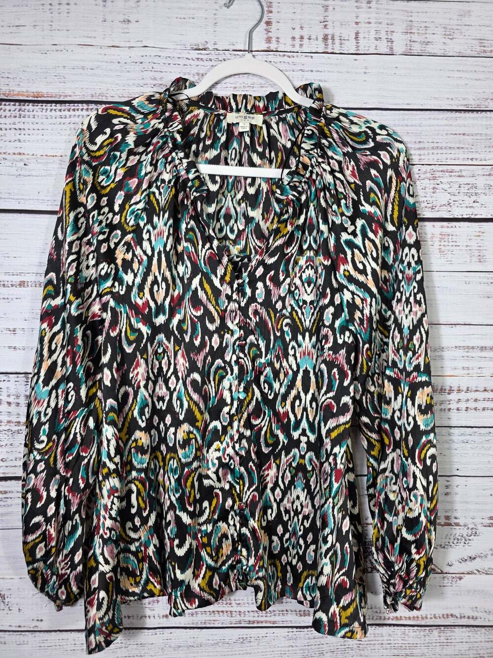 Umgee USA Boho Peasant Blouse size small black multicolor print long sleeve top
